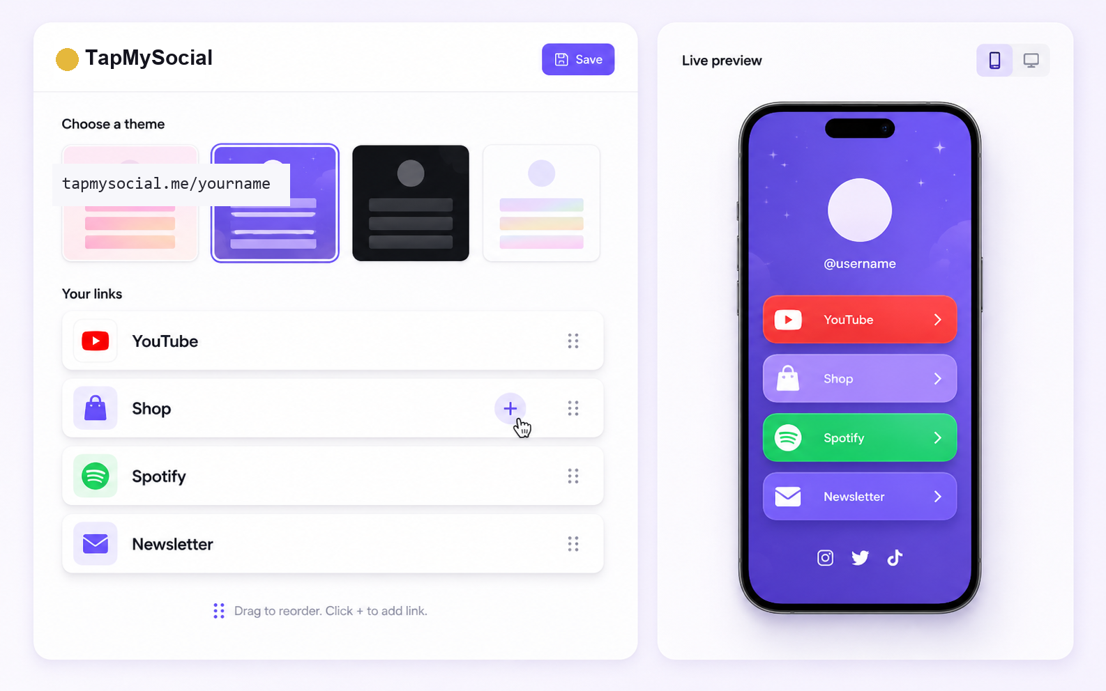 TapMySocial page editor with theme picker and link list